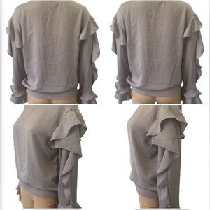 Express Blouse Silver Satin Top, Size S / P women’s, Long Sleeve with Ruffle